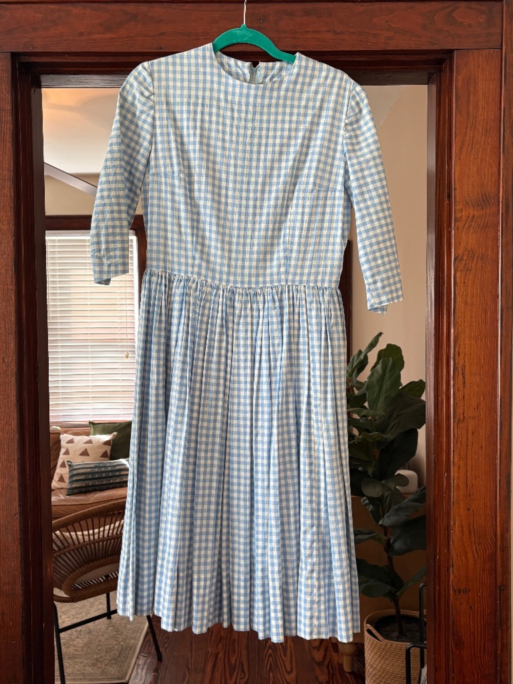 Vintage Blue & White Gingham Long Sleeve Prairie Dress Handmade Cottagecore